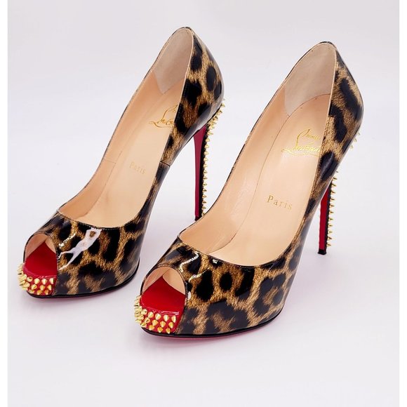 Christian Louboutin Pumps NEW VERY PRIVE Leopard Gold Peep Toe Heels Size 37.5 - Picture 7 of 10